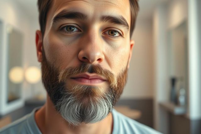 Close-up portrait of a man with a distinctive beard featuring a prominent gray goatee. He has brown hair and eyes, set against a blurred background suggesting a salon or barbershop. Warm tones and natural lighting highlight his features.