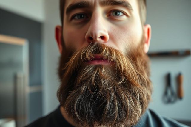 Close-up portrait of a man with a full, thick brown beard and blue eyes. The image has a warm, natural lighting and a blurred background suggesting an indoor setting. Focus is on the beard and facial features, ideal for beard care, men's grooming, or portrait photography searches.