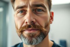 Close-up portrait of a man with a distinctive brown and gray beard and striking blue eyes. The background is blurred, suggesting an indoor setting. Focus on facial details, conveying a modern and confident aesthetic.