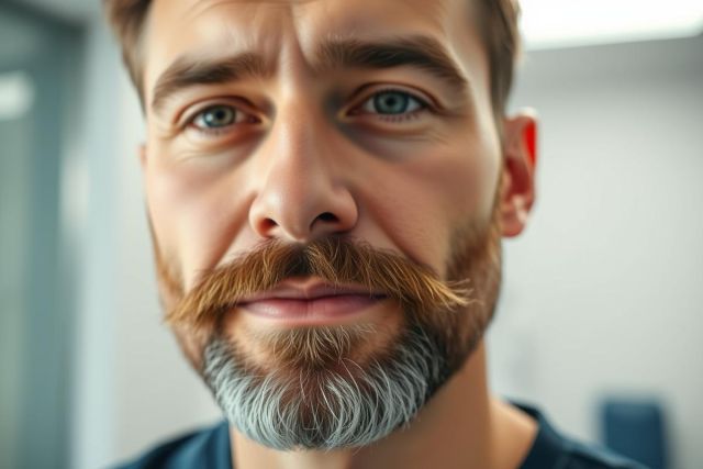 Close-up portrait of a man with a distinctive brown and gray beard and striking blue eyes. The background is blurred, suggesting an indoor setting. Focus on facial details, conveying a modern and confident aesthetic.