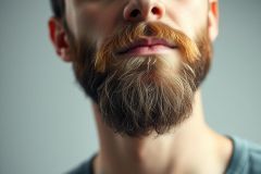 Close-up portrait of a man with a full, textured beard featuring a gradient of brown and ginger hues. The image focuses on the facial hair against a neutral gray background, highlighting beard style and color. A masculine and stylish portrait.