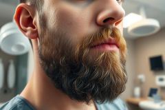 Close-up of a man's full, textured beard with brown and black tones. The image showcases beard grooming in a modern barbershop setting. Focus on facial hair style and detail.