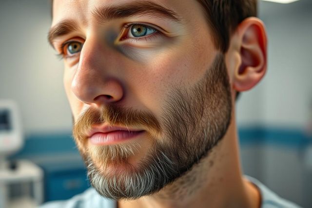 Close-up portrait of a young man with striking blue eyes, a well-groomed beard, and a slight smile. The image features warm, natural lighting and a blurred medical background, suggesting a health or wellness context. Focus on facial features and thoughtful expression.