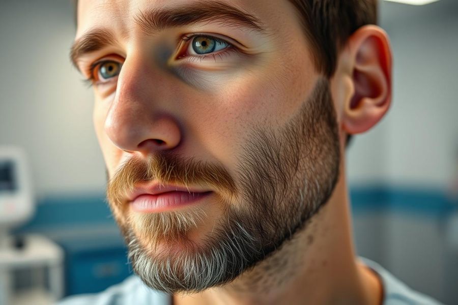 Close-up portrait of a young man with striking blue eyes, a well-groomed beard, and a slight smile. The image features warm, natural lighting and a blurred medical background, suggesting a health or wellness context. Focus on facial features and thoughtful expression.