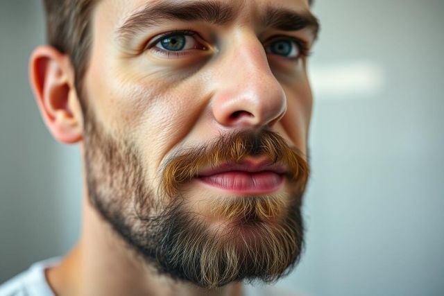 Close-up portrait of a man with striking blue eyes and a distinctive brown beard and mustache. The image showcases a clean, modern aesthetic with a blurred white background, highlighting the man's facial features and emphasizing his confident gaze. Male portrait, beard style, blue eyes, close-up, modern.
