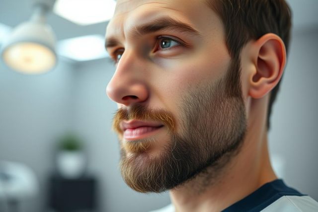 Close-up portrait of a young man with a short beard and blue eyes. He's indoors, likely in a professional setting, with soft lighting highlighting his face. The image features a clean, modern aesthetic with neutral tones and a focus on detail, showcasing a man's profile.