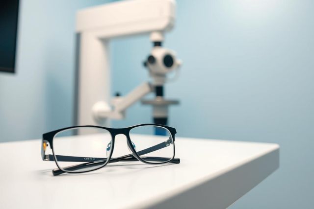 Eyeglasses resting on a white table in an optometrist's office. A blurry vision testing machine is visible in the background. Blue and white color scheme, representing eye care and vision correction services. Focus on glasses, eye exam, and optical equipment.