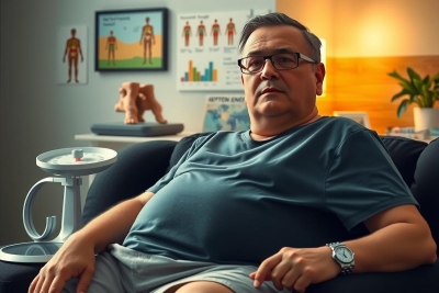 The image features a middle-aged man sitting in an indoor setting, possibly his living room. He is wearing casual clothing, including a gray shirt and glasses. The man appears to be in a relaxed posture with one hand resting on the armrest of a couch or chair, which is dark grey or black.
