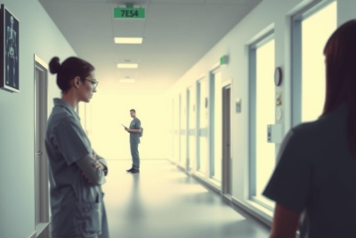 The image depicts a medical scene with several hospital staff. There are two nurses standing in the foreground, engaged in conversation. One of them is holding a clipboard and appears to be directing or giving instructions to the other. In the background, another person wearing scrubs is standing at a distance, also seemingly observing or waiting. The environment suggests an interior hallway of a hospital or medical facility with plain walls and doors. The lighting is bright, indicating a sterile and professional setting.