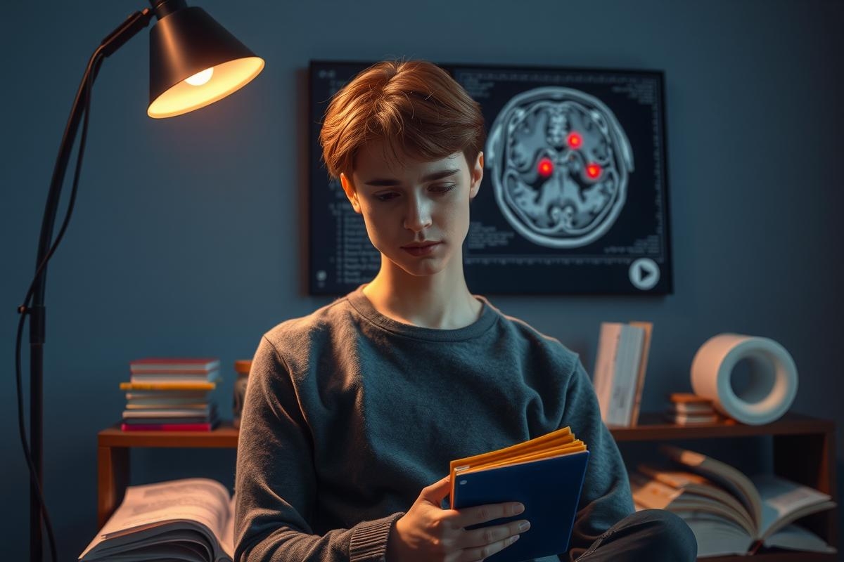 The image depicts a young person sitting in an office environment, seemingly engaged with a medical-related task. The individual is holding what appears to be a folder or notebook, which may contain medical information or notes.