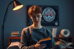 The image depicts a young person sitting in an office environment, seemingly engaged with a medical-related task. The individual is holding what appears to be a folder or notebook, which may contain medical information or notes. 