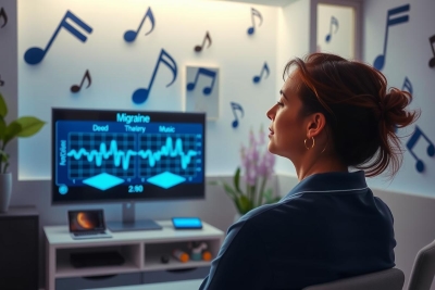 The image shows a woman seated in front of a flat-screen TV. She appears to be focused on the screen, which displays various graphical elements that suggest she might be using medical monitoring equipment or an app related to health.