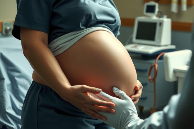 A pregnant woman with a baby bump at a hospital, surrounded by medical equipment including an ultrasound machine and monitors. Two people are attending to her, possibly doctors or nurses.