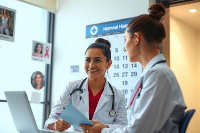 The image portrays a professional medical setting, likely a doctor's office. Two female doctors are engaged in conversation with each other at a computer desk. One of the doctors is seated and seems to be looking over documents or notes on her screen, while the standing doctor appears to be discussing these with her colleague. The environment suggests a modern clinic with contemporary decor and technology integration.