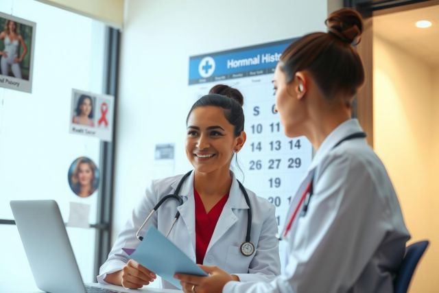 The image portrays a professional medical setting, likely a doctor's office. Two female doctors are engaged in conversation with each other at a computer desk. One of the doctors is seated and seems to be looking over documents or notes on her screen, while the standing doctor appears to be discussing these with her colleague. The environment suggests a modern clinic with contemporary decor and technology integration.