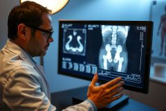 Doctor examines X-ray of a patient's spine on a monitor in a medical setting. Focus on diagnostic imaging and healthcare technology.
