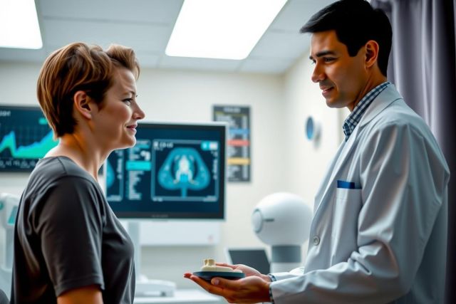 Doctor examining a patient in a clinic. Medical professional displays a scan image while discussing diagnosis. Healthcare setting, bright lighting, focus on patient care and medical technology.