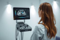 Ultrasound machine displaying a fetal image. A healthcare professional is visible in the background. Medical technology, prenatal care, diagnostic imaging, and healthcare environment are depicted.