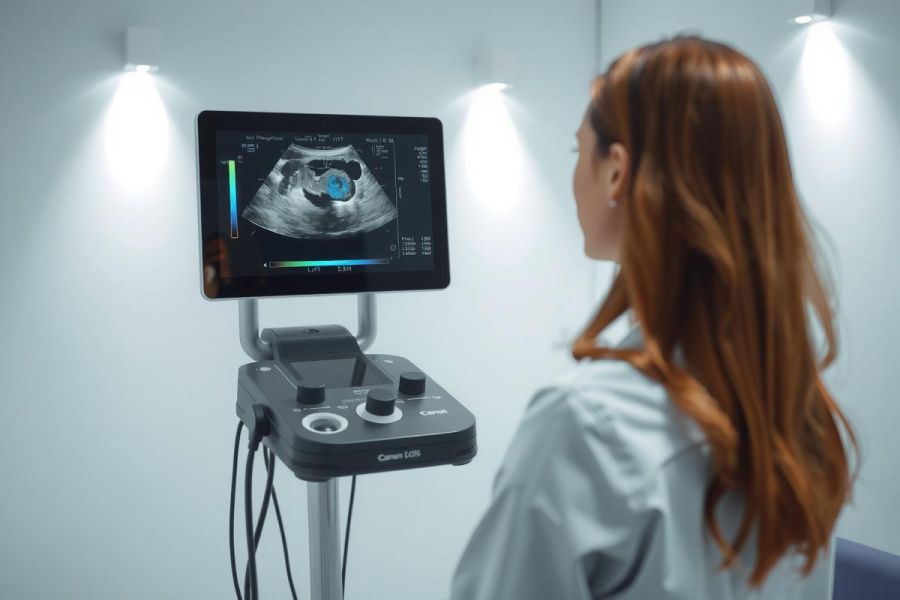 Ultrasound machine displaying a fetal image. A healthcare professional is visible in the background. Medical technology, prenatal care, diagnostic imaging, and healthcare environment are depicted.