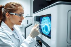 A scientist in a lab coat and gloves examines a medical imaging scan on a computer screen. The image shows a blue and white anatomical cross-section, likely from an MRI or CT scan. The scene highlights medical technology and diagnostics in a clinical setting.