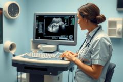 Healthcare professional using ultrasound machine in a medical setting. Focus on a close-up of the screen displaying a fetal image. Sterile environment with muted colors.
