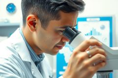 Scientist examining a sample under a microscope in a lab. Wearing a white coat, focused on research. Blue background with data visible. Represents scientific discovery and analysis.