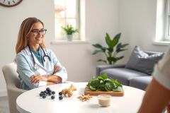 A female doctor in a white coat stands near a table with healthy food like berries, greens, and a drink. She's in a bright, modern office setting, suggesting a focus on wellness and nutrition.