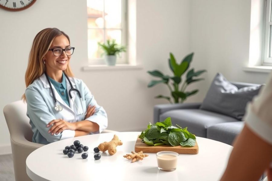 A female doctor in a white coat stands near a table with healthy food like berries, greens, and a drink. She's in a bright, modern office setting, suggesting a focus on wellness and nutrition.