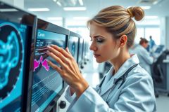 Female doctor examining medical scan on monitor in hospital setting. Focus on diagnostic imaging and healthcare professional. Bright, clinical environment with blue and white tones.