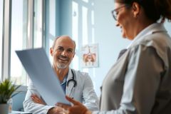 Doctor examining a patient's medical chart in a bright, modern clinic. A healthcare professional consults with a patient, creating a scene of medical care and assessment.