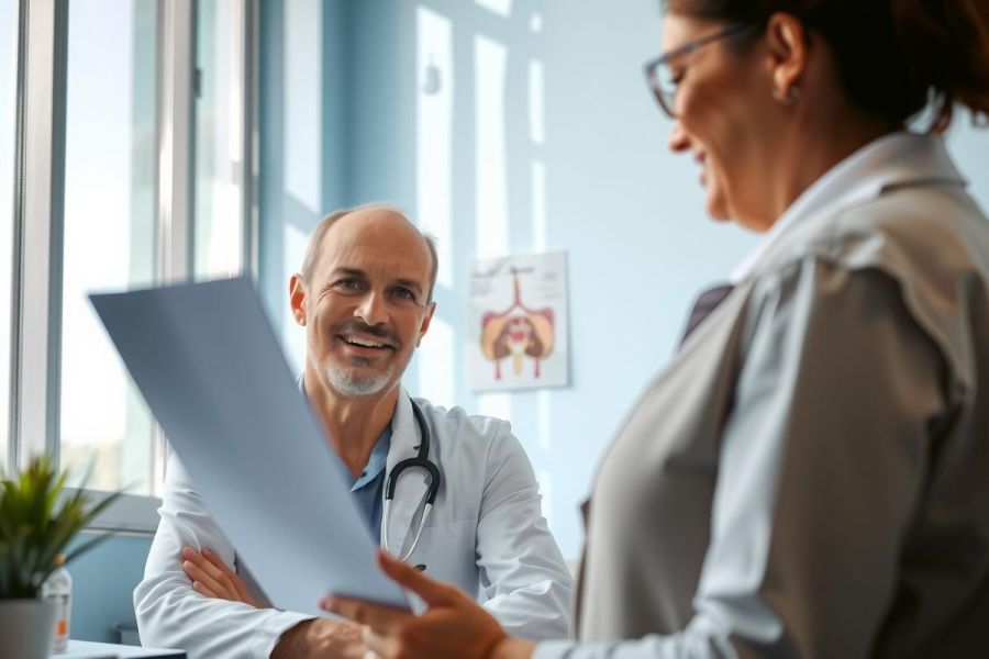 Doctor examining a patient's medical chart in a bright, modern clinic. A healthcare professional consults with a patient, creating a scene of medical care and assessment.