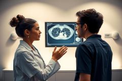 Doctor discussing medical imaging (radiology) with a patient. The image shows a healthcare professional reviewing an X-ray, suggesting diagnosis and treatment in a clinical setting. Professional consultation, medical examination.