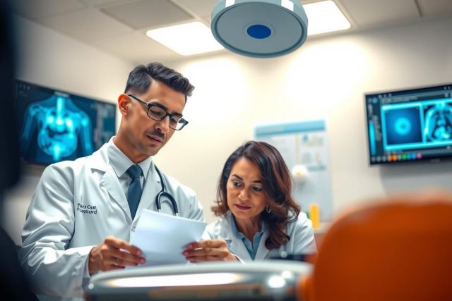 Two doctors in white coats examine an X-ray image in a medical setting. Focus on patient diagnosis and healthcare professionals.