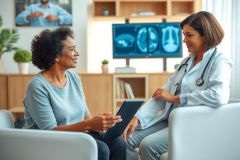 Doctor consults with a patient in a modern home setting. The image features a medical professional and a female patient engaged in conversation, with a tablet and medical scan visible.  Healthcare, consultation, and wellness themes are present.