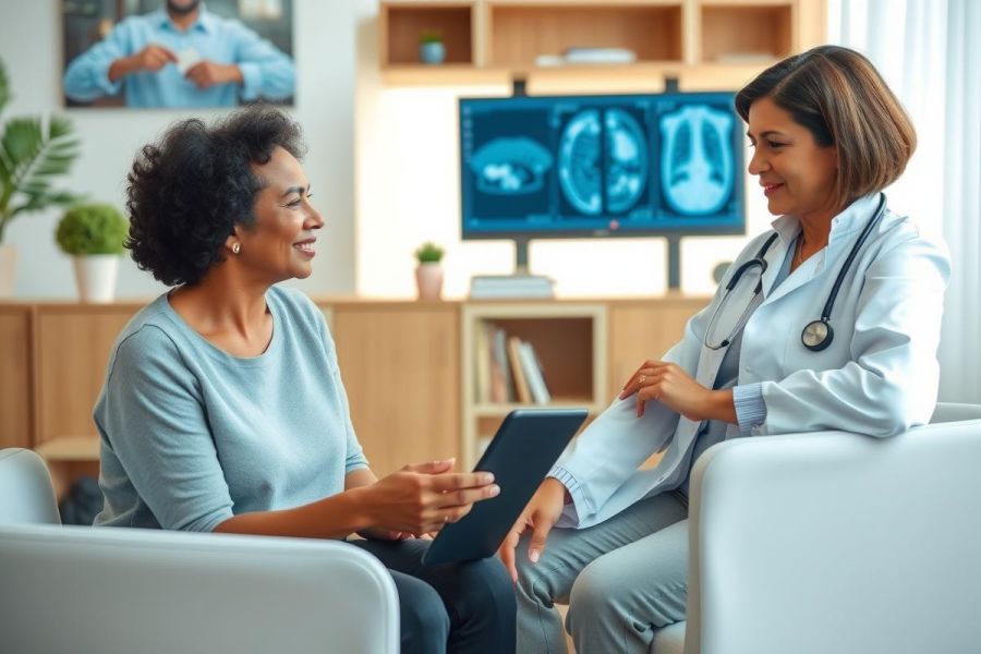 Doctor consults with a patient in a modern home setting. The image features a medical professional and a female patient engaged in conversation, with a tablet and medical scan visible.  Healthcare, consultation, and wellness themes are present.