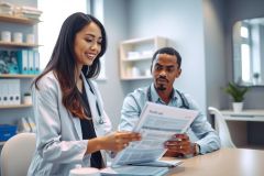 A female doctor in a white coat reviews paperwork with a male colleague in a modern office setting. The scene highlights healthcare professionals discussing medical records with a bright and professional ambiance.