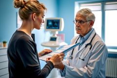 Doctor examining a patient in a medical office. The doctor is wearing a white coat and stethoscope, reviewing paperwork while the patient looks on. Healthcare setting, patient care, consultation.
