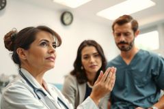 Doctor explaining to colleagues in a medical setting. A female doctor in a white coat gestures while speaking, with two others in scrubs listening attentively. The room has a clean, modern aesthetic.