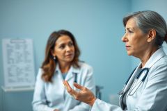 Doctor consultation in a medical clinic. A female doctor with gray hair, wearing a white coat and stethoscope, speaks with a patient also in a white coat. The room has a light blue wall and an eye chart visible. Healthcare, patient care, and medical examination themes are present.