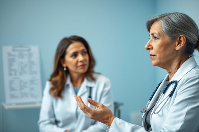 Doctor consultation in a medical clinic. A female doctor with gray hair, wearing a white coat and stethoscope, speaks with a patient also in a white coat. The room has a light blue wall and an eye chart visible. Healthcare, patient care, and medical examination themes are present.
