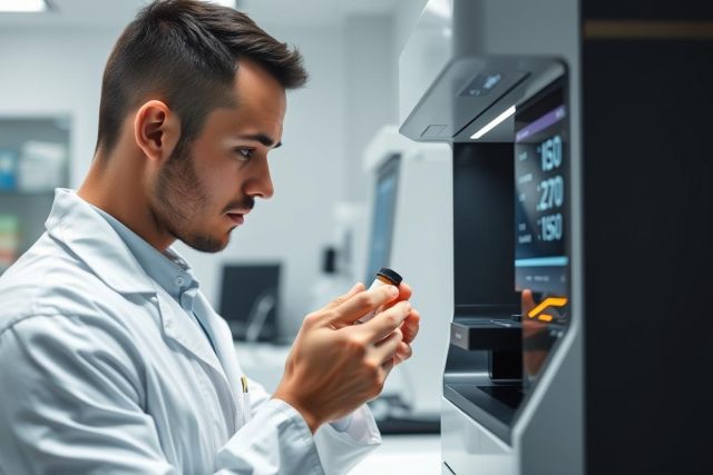 Pharmaceutical lab scene. A scientist in a white coat examines a small bottle near advanced analytical equipment displaying numerical data. Focus on quality control and scientific research in a modern, clean environment with cool tones.