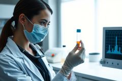 Scientist in lab coat and mask examines a test tube with a liquid sample. The image depicts a lab environment with equipment and a monitor displaying data, highlighting research and medical analysis.