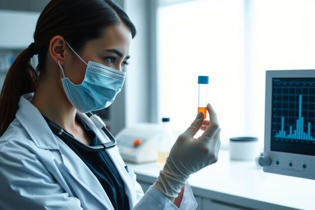 Scientist in lab coat and mask examines a test tube with a liquid sample. The image depicts a lab environment with equipment and a monitor displaying data, highlighting research and medical analysis.