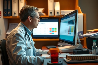 The image depicts a physician working at his desk with a desktop computer. The screen of the monitor displays graphs and data related to medical research or patient records. The office environment suggests a professional setting, likely in a hospital or clinic.