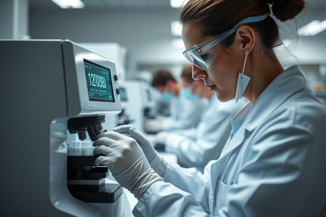 Scientist in a modern lab using lab equipment, conducting research. Focus on a woman in a white coat and goggles, working with test tubes. Blue and gray tones create a professional, scientific atmosphere. Medical research, laboratory setting, science, and biotechnology themes.