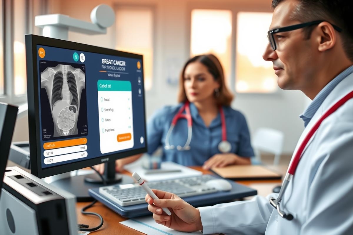 In the image, a medical professional, possibly a radiologist or pulmonologist, is examining an x-ray on a computer monitor. The setting appears to be a modern healthcare facility, and the professional is wearing a white lab coat, suggesting they are in business attire. The image conveys the sense of technology integration into medical practice for more accurate diagnoses.