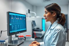 A female scientist in a white lab coat analyzes data on a computer monitor in a modern laboratory. The scene features scientific equipment, blue and white color tones, and a focus on medical research and analysis. High-tech environment, data visualization, and laboratory setting.