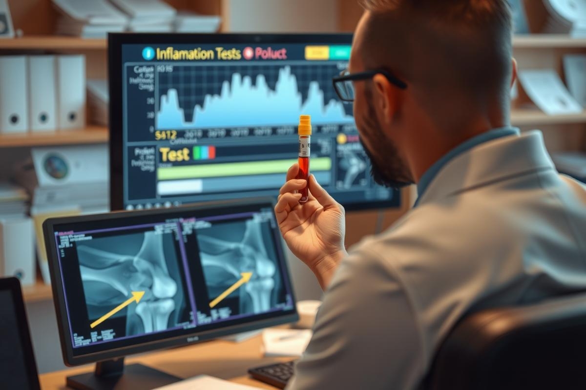 The image shows a healthcare worker in an office setting looking at X-ray images on monitors. Multiple computer monitors display various graphs and data, likely related to medical research or patient diagnosis.