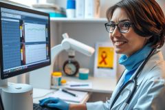 The image shows a person, presumably a medical professional such as a doctor or nurse, engaged in work at a computer desk. They are wearing a white lab coat, which is indicative of their profession. 