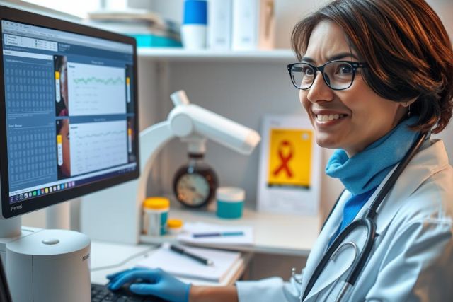 The image shows a person, presumably a medical professional such as a doctor or nurse, engaged in work at a computer desk. They are wearing a white lab coat, which is indicative of their profession. 
